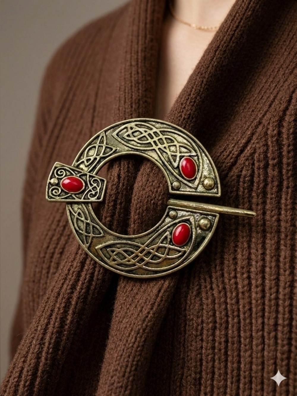 Celtic Knot Penannular Brooch | Viking Cloak Pin Red Stone